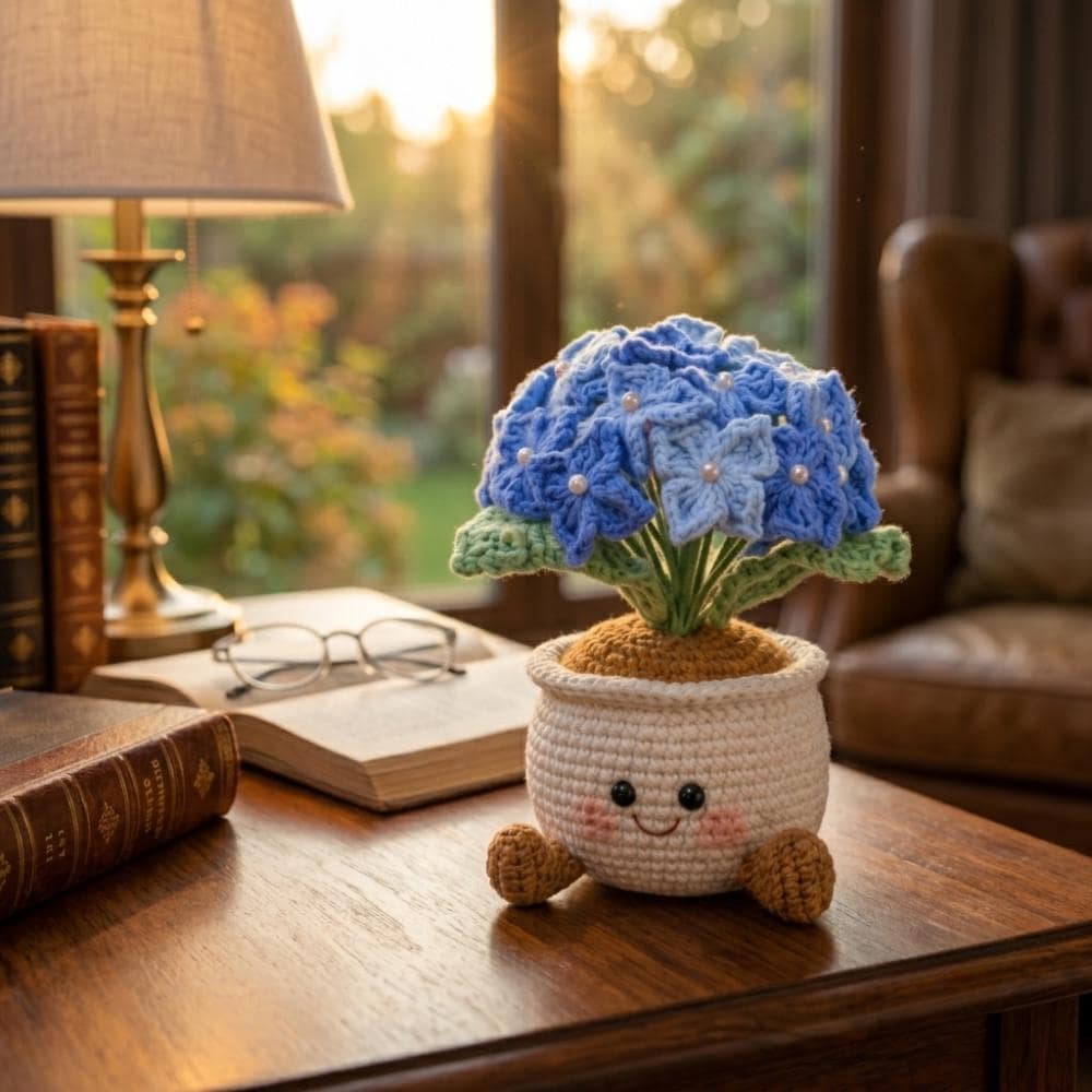 Crochet Hydrangea Flower Pot, Kawaii Desk Accessory, Amigurumi Potted Plant, Coworker Gift, Gift For Mom - Her
