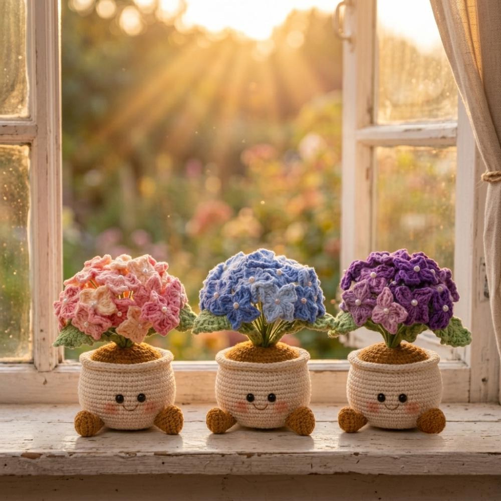 Crochet Hydrangea Flower Pot, Kawaii Desk Accessory, Amigurumi Potted Plant, Coworker Gift, Gift For Mom - Her