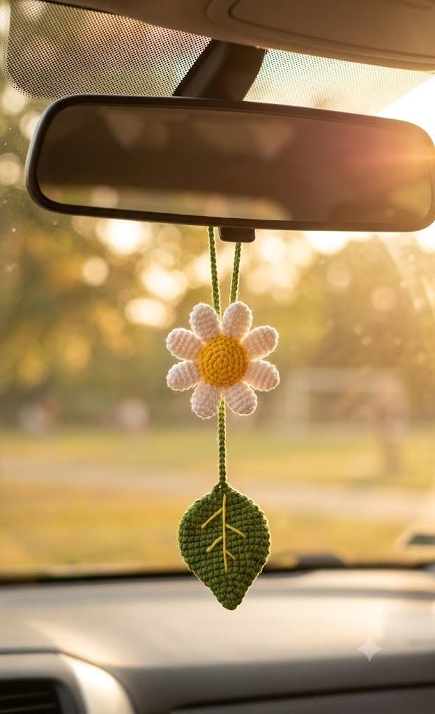 Handmade Crochet Car Charm, Cute Rearview Mirror Hanging, Spring Summer Gift for Women Friend New Car Decor Ornament,Gift for Her