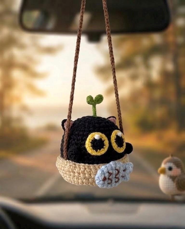 Black Cat Car Hanging, Crochet Cat Mirror Charm, Cute Healing Car Decor, Summer Car Accessory, Gift for Cat Lover, Rearview Mirror Charm