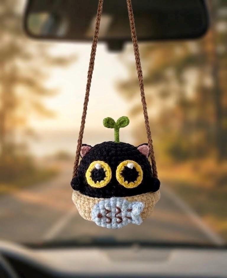 Black Cat Car Hanging, Crochet Cat Mirror Charm, Cute Healing Car Decor, Summer Car Accessory, Gift for Cat Lover, Rearview Mirror Charm