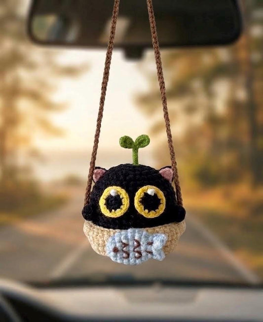 Black Cat Car Hanging, Crochet Cat Mirror Charm, Cute Healing Car Decor, Summer Car Accessory, Gift for Cat Lover, Rearview Mirror Charm