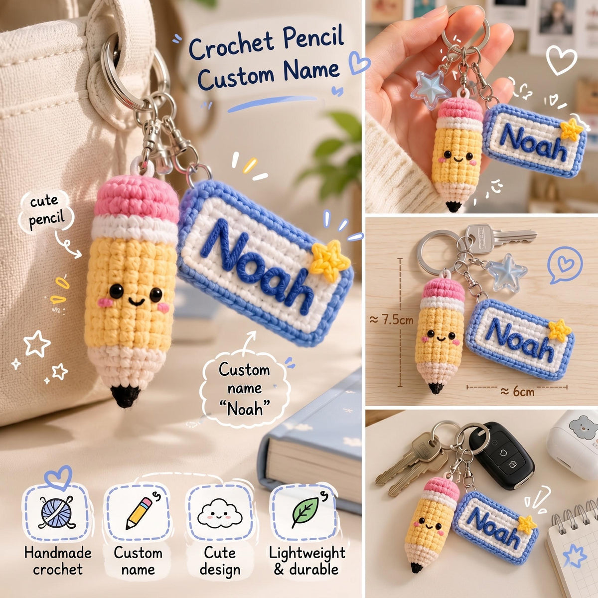 Personalized Pencil Keychain with Name, Student Backpack Charm, Back to School Gift, Personalized School Tag, Teacher Gift,
