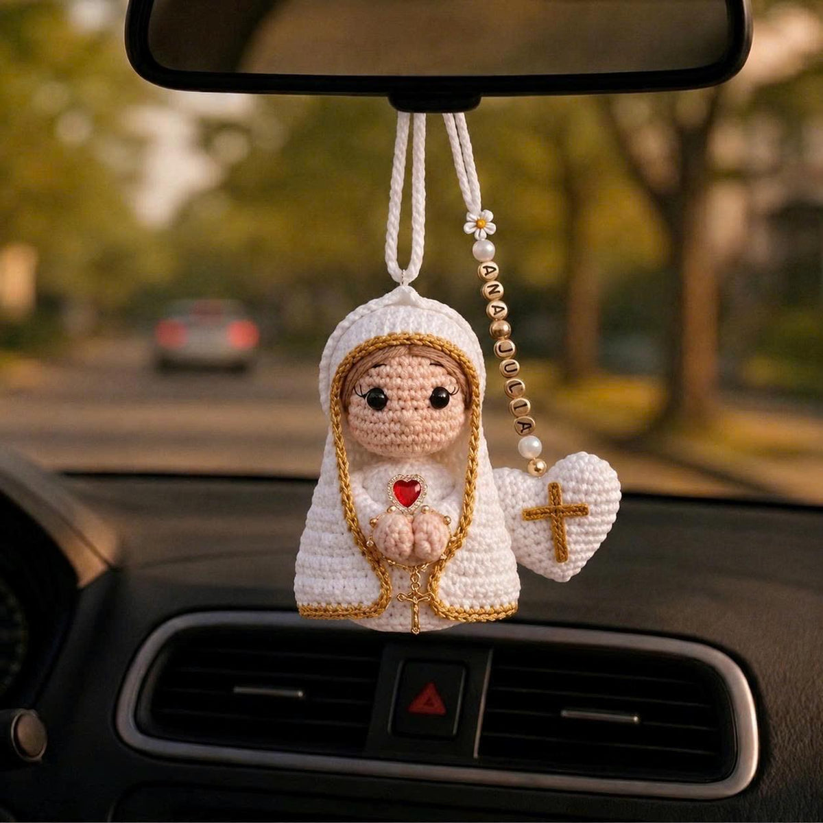 Crochet Virgin Mary Car Charm, Personalized Name Hanging Decor, Lady of Guadalupe Car Accessory, Protection Gift for Safe Travels