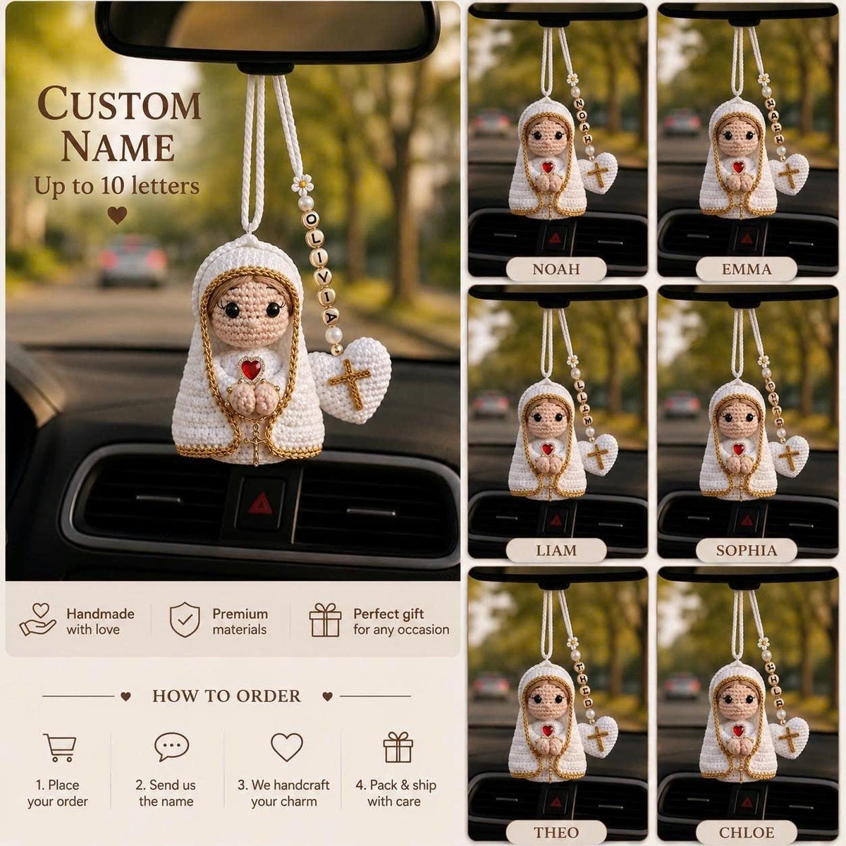 Crochet Virgin Mary Car Charm, Personalized Name Hanging Decor, Lady of Guadalupe Car Accessory, Protection Gift for Safe Travels