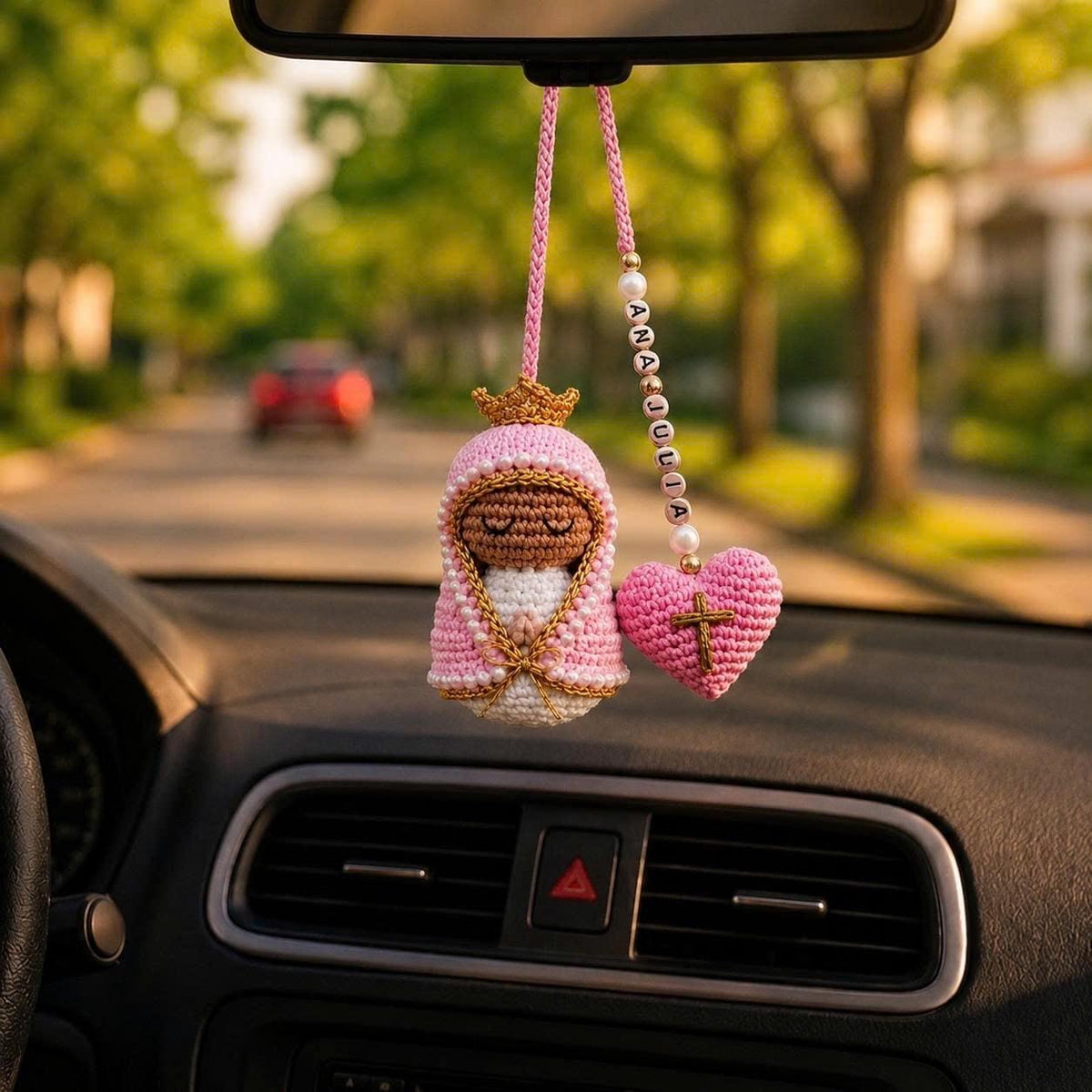 Crochet Virgin Mary Car Charm, Personalized Name Hanging Decor, Lady of Guadalupe Car Accessory, Protection Gift for Safe Travels