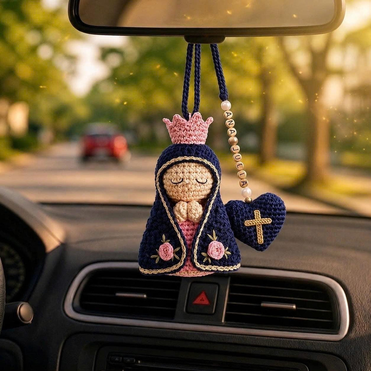 Crochet Virgin Mary Car Charm, Personalized Name Hanging Decor, Lady of Guadalupe Car Accessory, Protection Gift for Safe Travels
