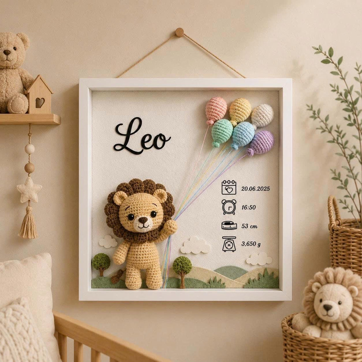 Custom Baby Birth Shadow Box Crochet Doll Personalized Newborn Gift Frame,bCustom Name/Text, BirthDay Gift, NewBorn Giftft, Nursery Decor