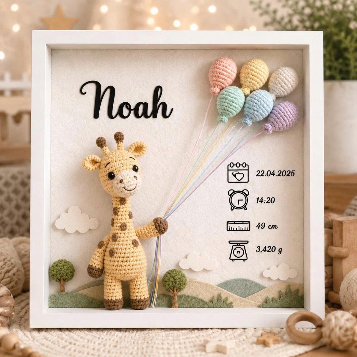 Custom Baby Birth Shadow Box Crochet Doll Personalized Newborn Gift Frame,bCustom Name/Text, BirthDay Gift, NewBorn Giftft, Nursery Decor