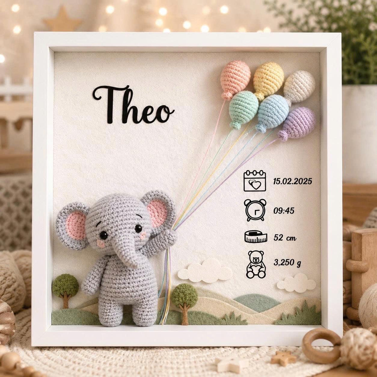 Custom Baby Birth Shadow Box Crochet Doll Personalized Newborn Gift Frame,bCustom Name/Text, BirthDay Gift, NewBorn Giftft, Nursery Decor