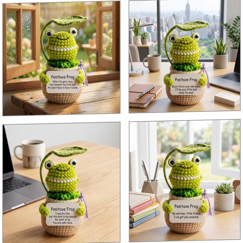 Smiling Frog Crochet Pot, Handmade Positive Gift, Cute Desk Decor, Cheer Up Gift, Birthday Gift for Loved Ones, Gift For Friends