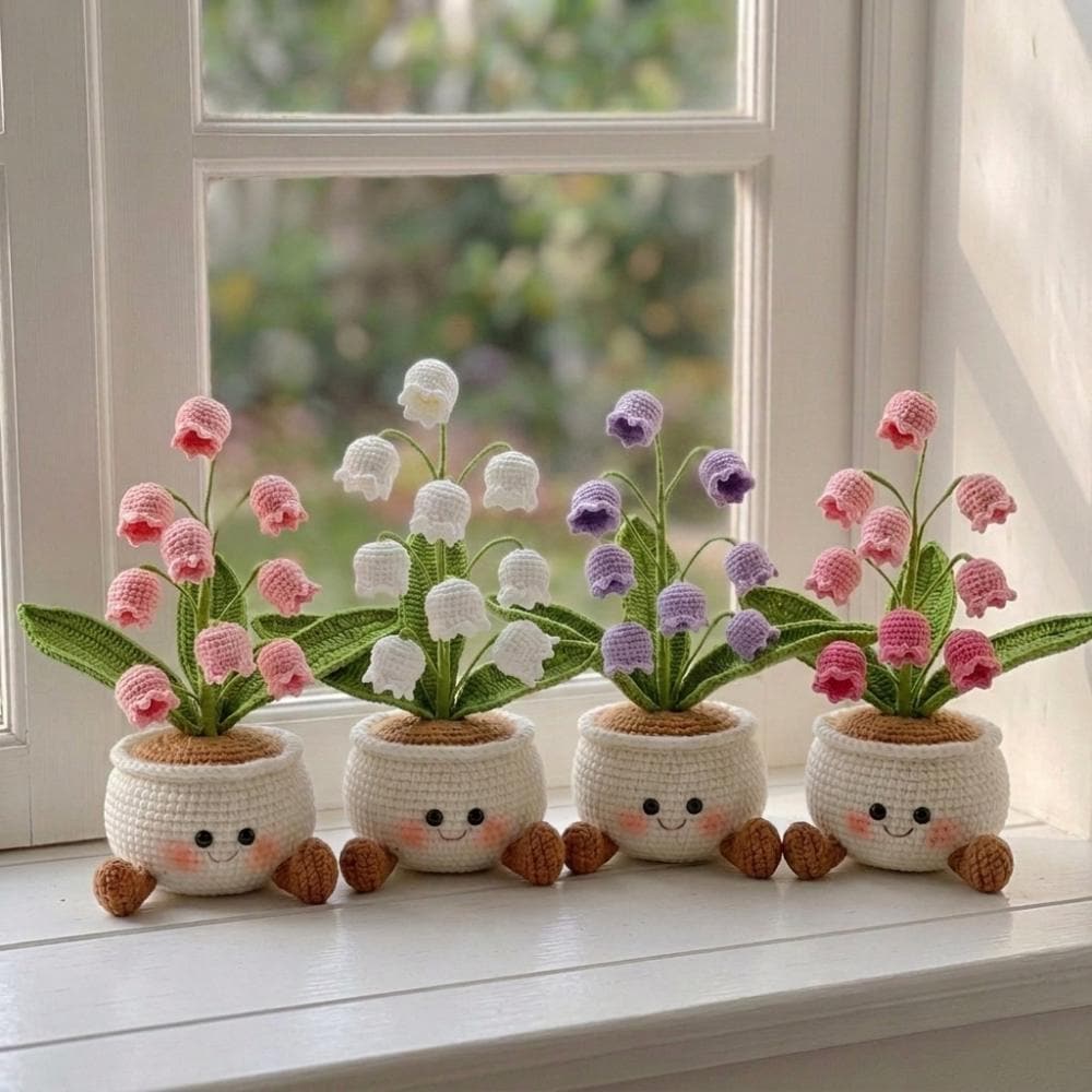Handmade Crochet Smiling Bell Flower Pot, Cute Desk - Home Decor, Relaxing Gift for Mom & Girlfriend, Kawaii Flower Gift