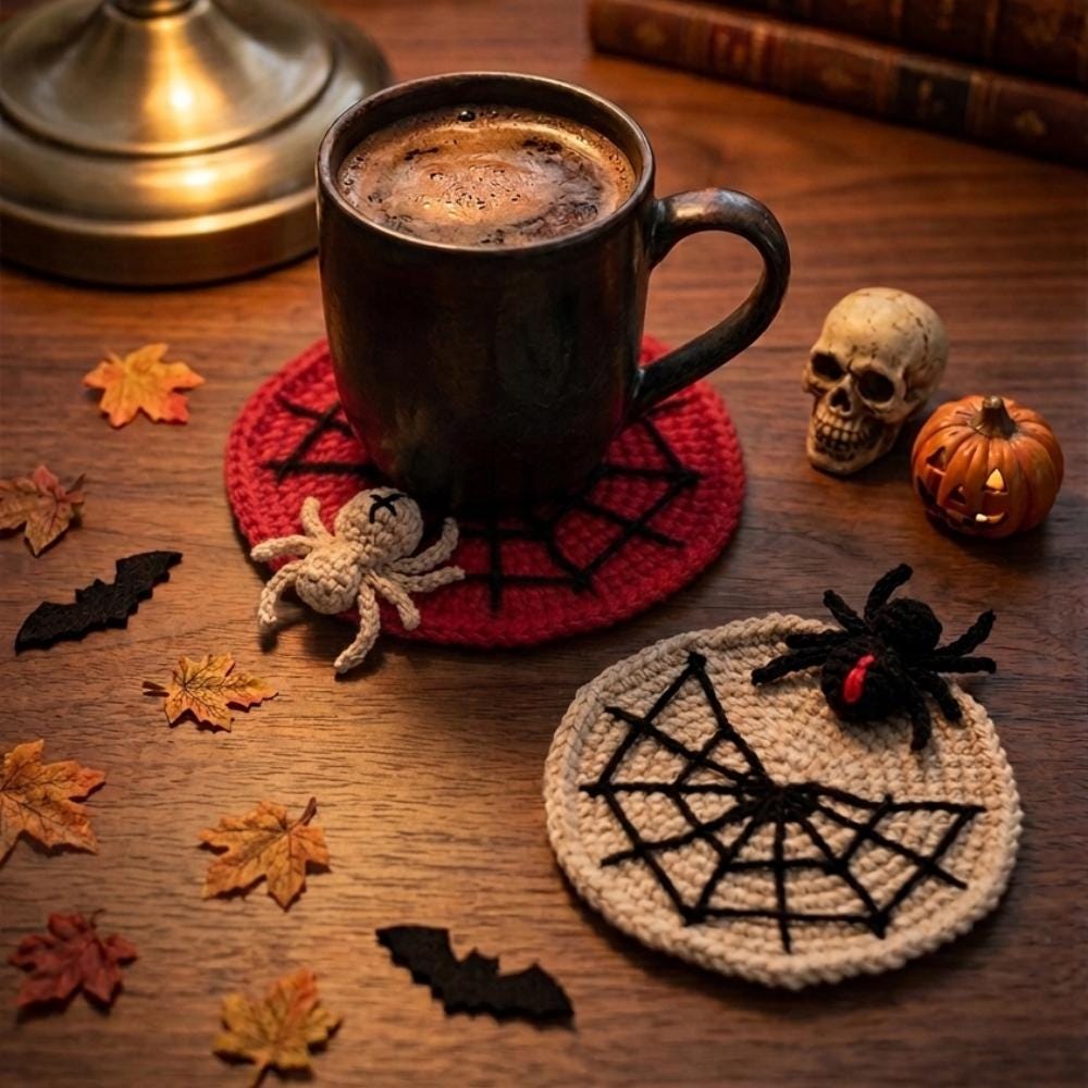 Halloween Spider Coaster Handmade, Crochet Spider Web Mug Rug, Handmade Gothic Coaster, Spooky Desk Decor, Halloween Coffee Table Accessory