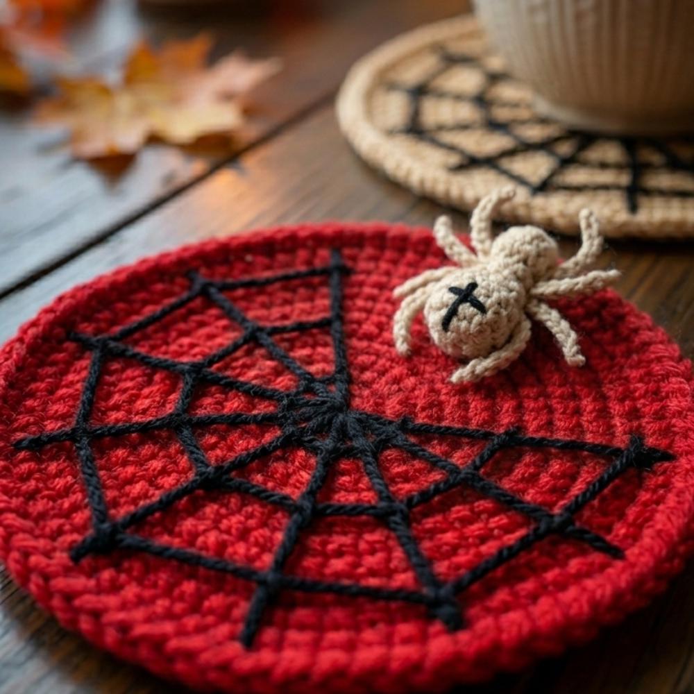Halloween Spider Coaster Handmade, Crochet Spider Web Mug Rug, Handmade Gothic Coaster, Spooky Desk Decor, Halloween Coffee Table Accessory