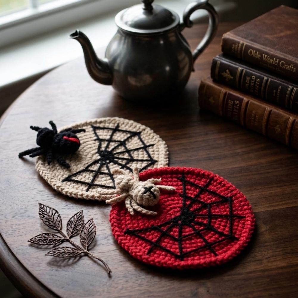 Halloween Spider Coaster Handmade, Crochet Spider Web Mug Rug, Handmade Gothic Coaster, Spooky Desk Decor, Halloween Coffee Table Accessory