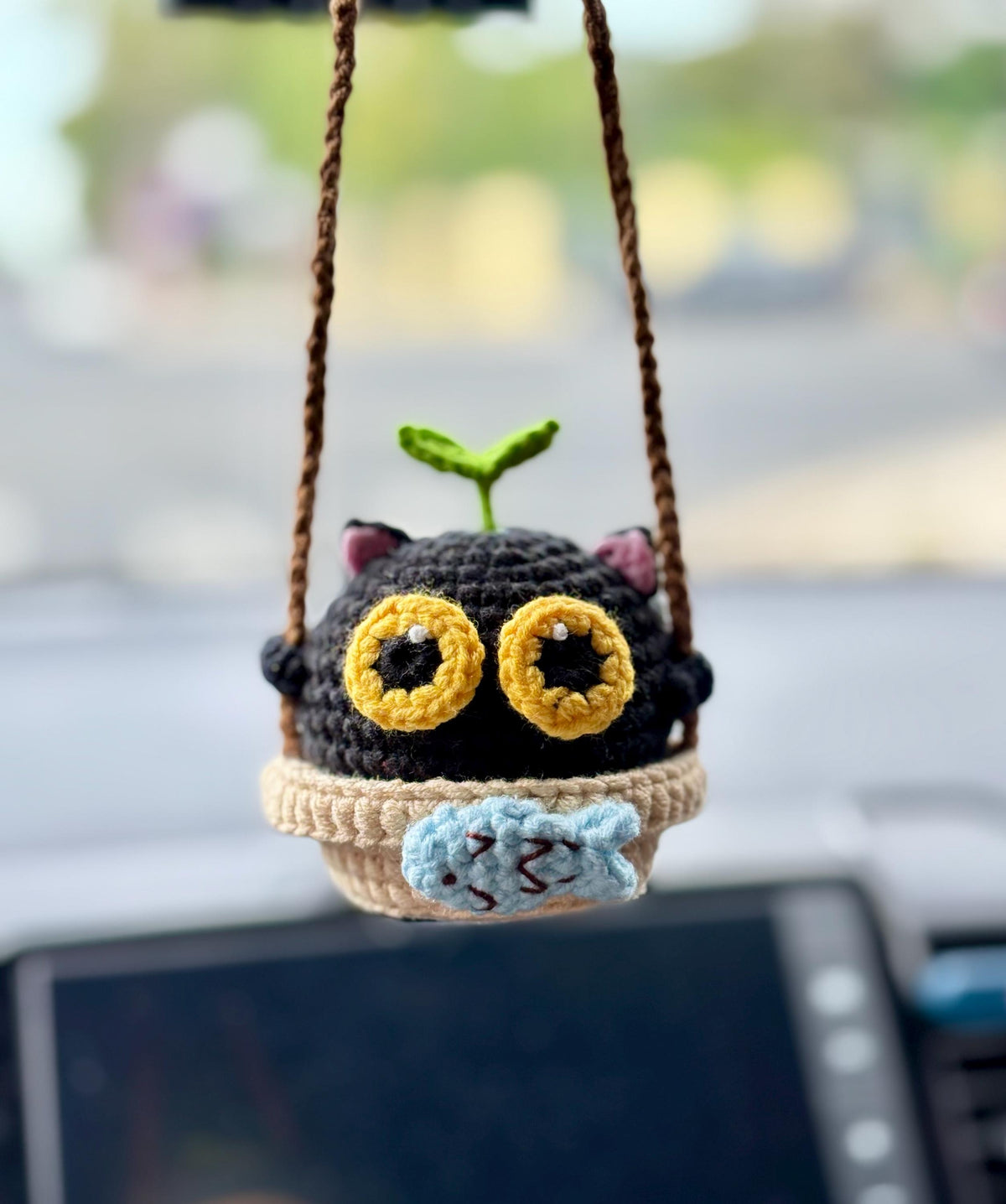 Black Cat Car Hanging, Crochet Cat Mirror Charm, Cute Healing Car Decor, Summer Car Accessory, Gift for Cat Lover, Rearview Mirror Charm