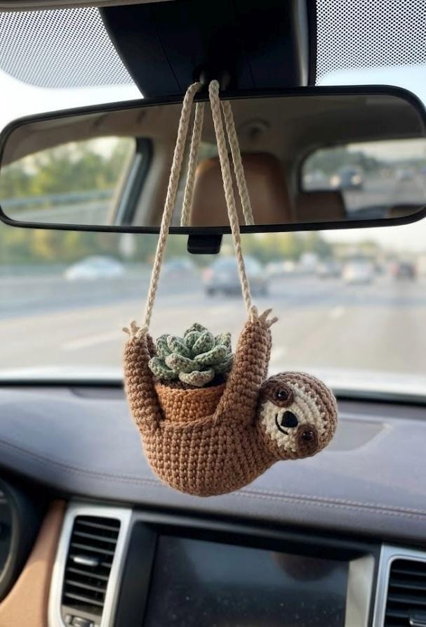 Cute Sloth Holding Plant Crochet, Car Mirror Hanging Decor, Handmade Amigurumi Animal Charm, Kawaii Car Accessory, Gift for Friends