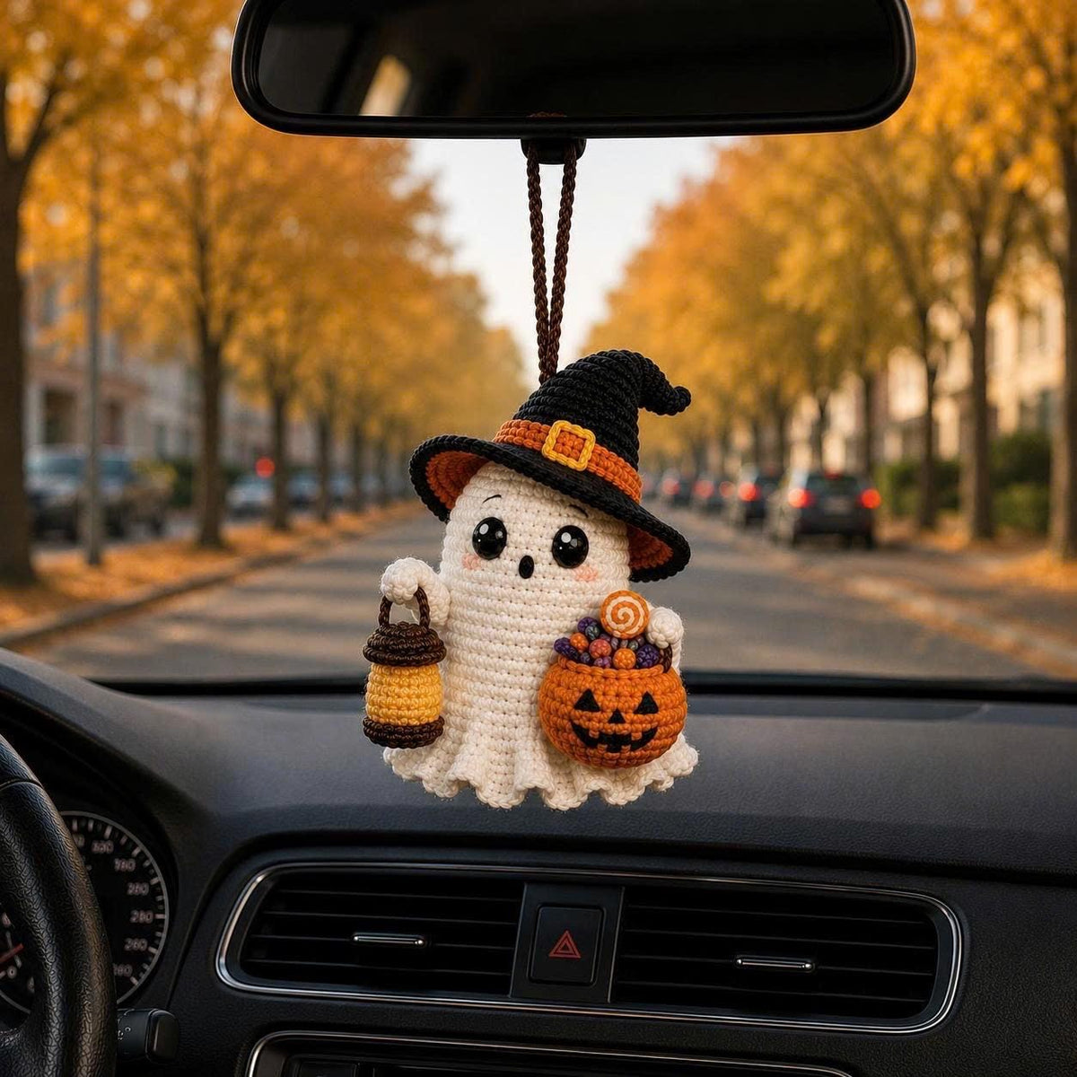 Crochet Ghost Car Charm, Handmade Halloween Mirror Accessory, Cute Spooky Car Decor, Amigurumi Ghost Hanging, Halloween Gift