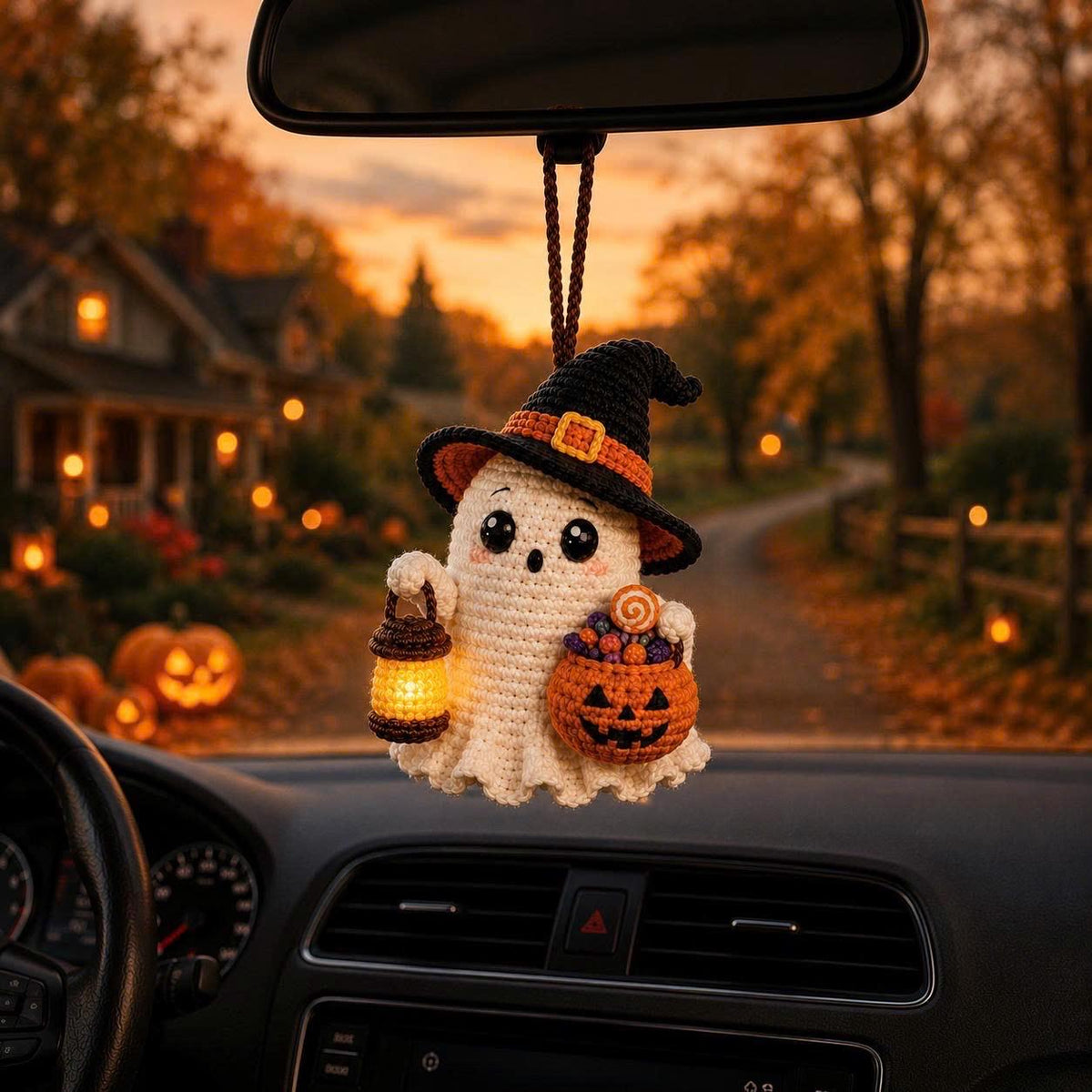 Crochet Ghost Car Charm, Handmade Halloween Mirror Accessory, Cute Spooky Car Decor, Amigurumi Ghost Hanging, Halloween Gift
