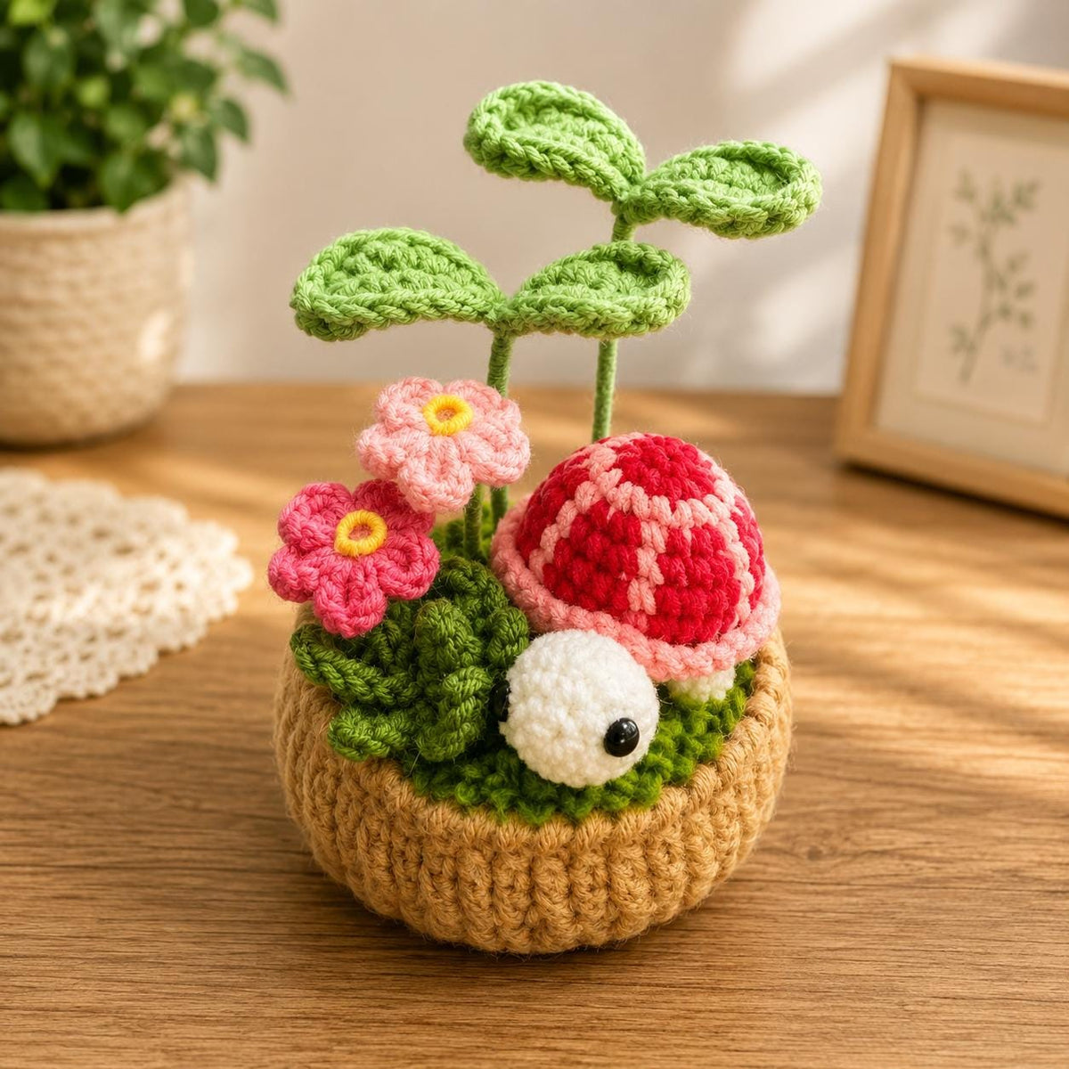 Crochet Turtle Plant Pot, Relaxing Desk Decor, Turtle Under Leaf, Handmade Home Decor, Coworker Gift, Positive Office Gift