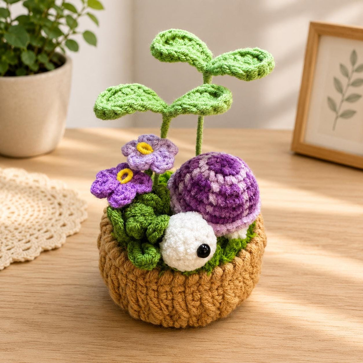 Crochet Turtle Plant Pot, Relaxing Desk Decor, Turtle Under Leaf, Handmade Home Decor, Coworker Gift, Positive Office Gift
