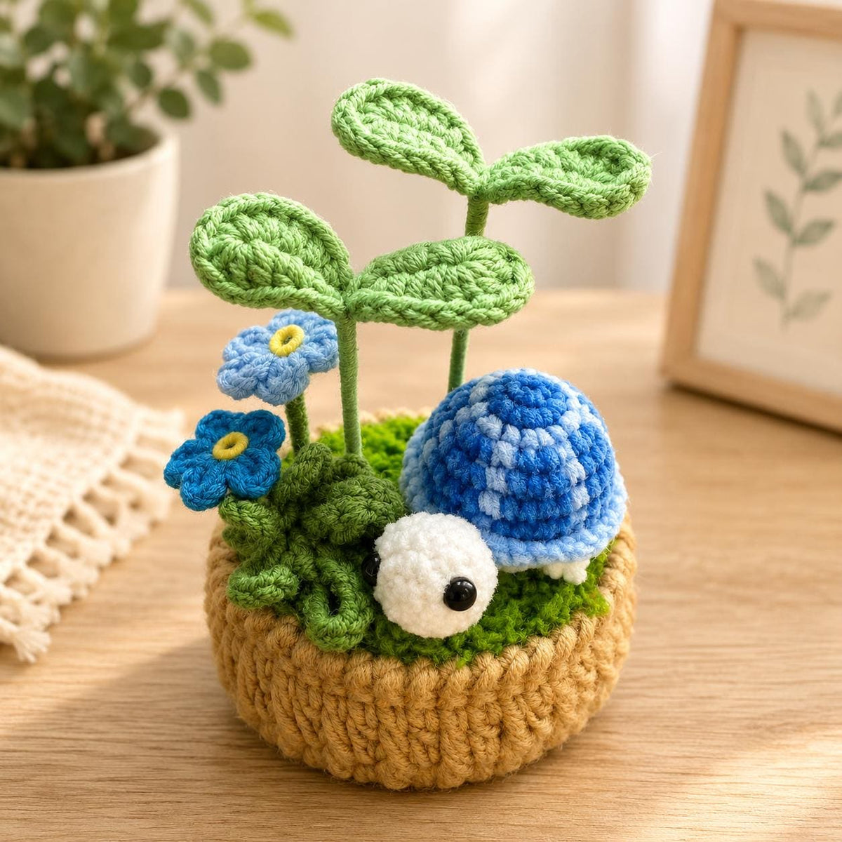 Crochet Turtle Plant Pot, Relaxing Desk Decor, Turtle Under Leaf, Handmade Home Decor, Coworker Gift, Positive Office Gift