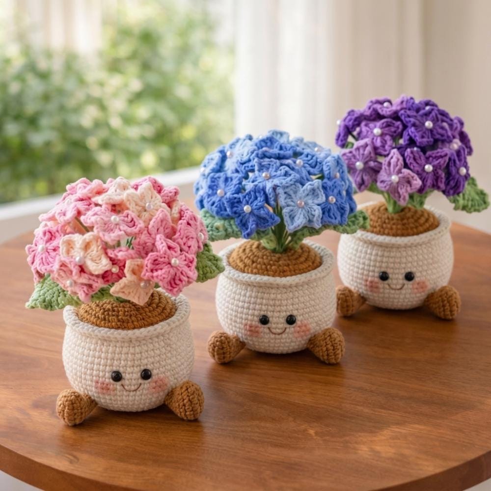 Crochet Hydrangea Flower Pot, Kawaii Desk Accessory, Amigurumi Potted Plant, Coworker Gift, Gift For Mom - Her