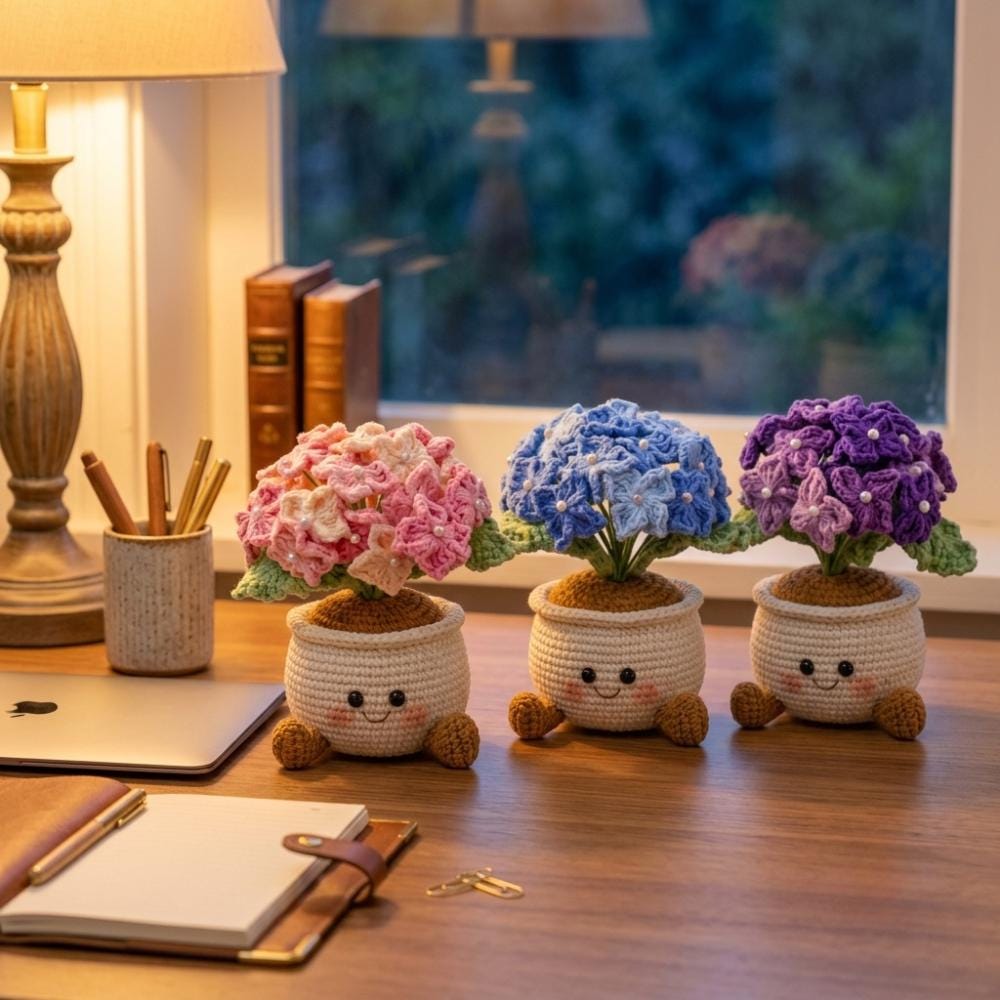 Crochet Hydrangea Flower Pot, Kawaii Desk Accessory, Amigurumi Potted Plant, Coworker Gift, Gift For Mom - Her