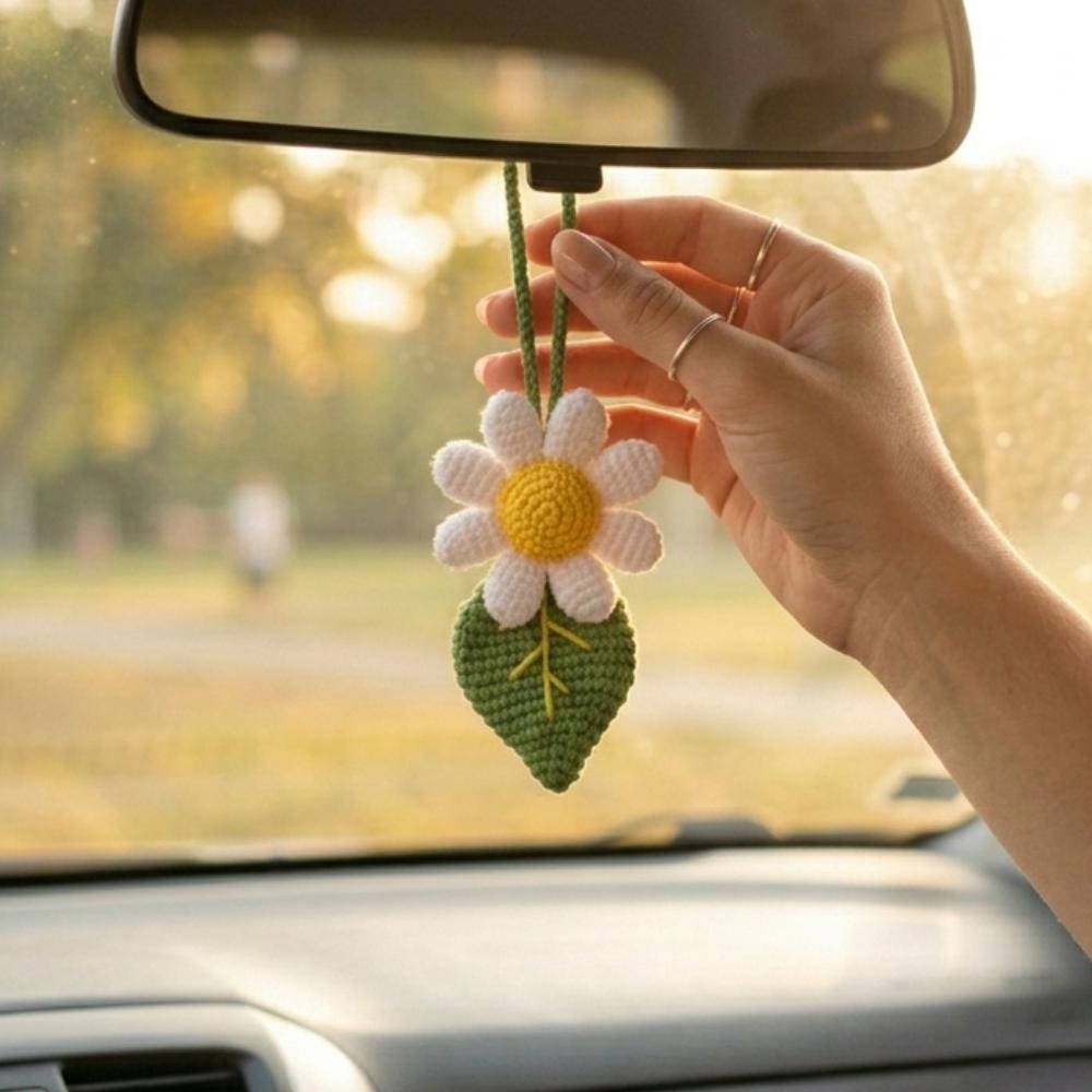 Handmade Crochet Car Charm, Cute Rearview Mirror Hanging, Spring Summer Gift for Women Friend New Car Decor Ornament,Gift for Her