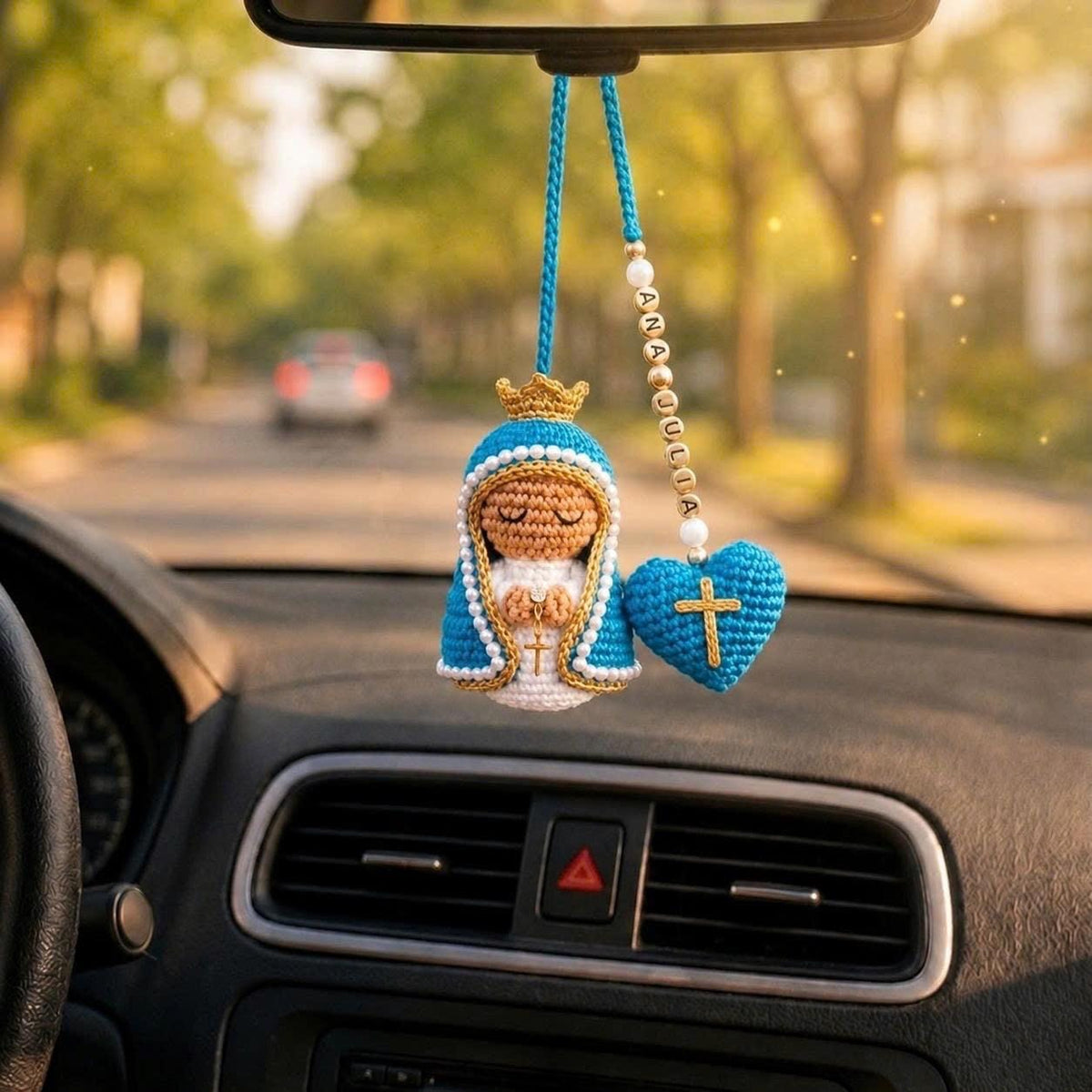 Crochet Virgin Mary Car Charm, Personalized Name Hanging Decor, Lady of Guadalupe Car Accessory, Protection Gift for Safe Travels