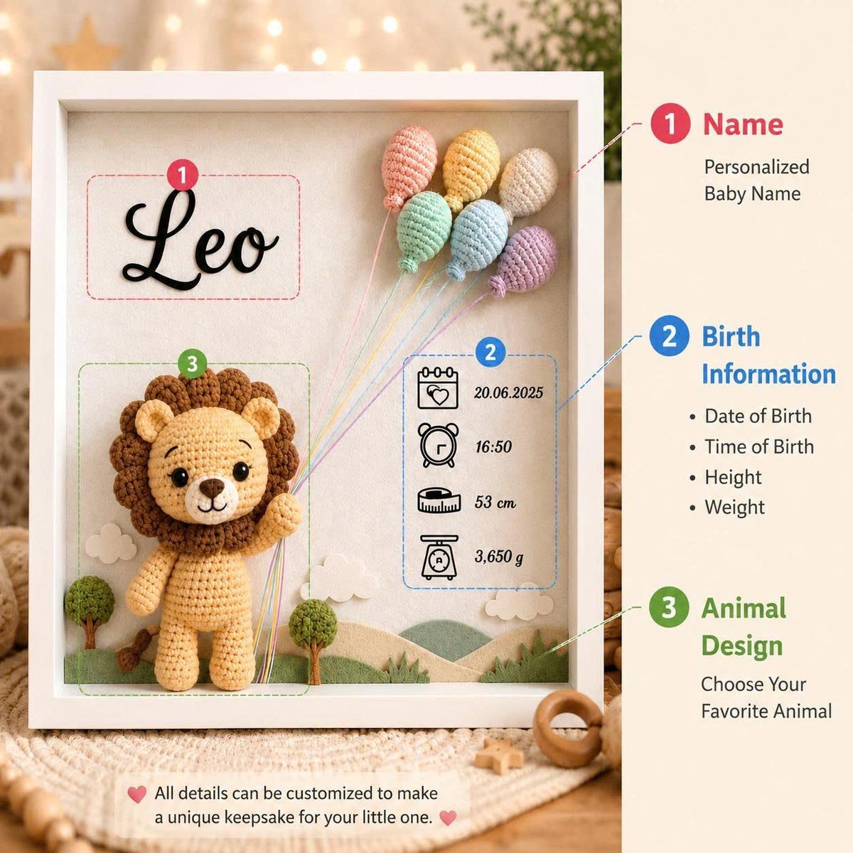 Custom Baby Birth Shadow Box Crochet Doll Personalized Newborn Gift Frame,bCustom Name/Text, BirthDay Gift, NewBorn Giftft, Nursery Decor