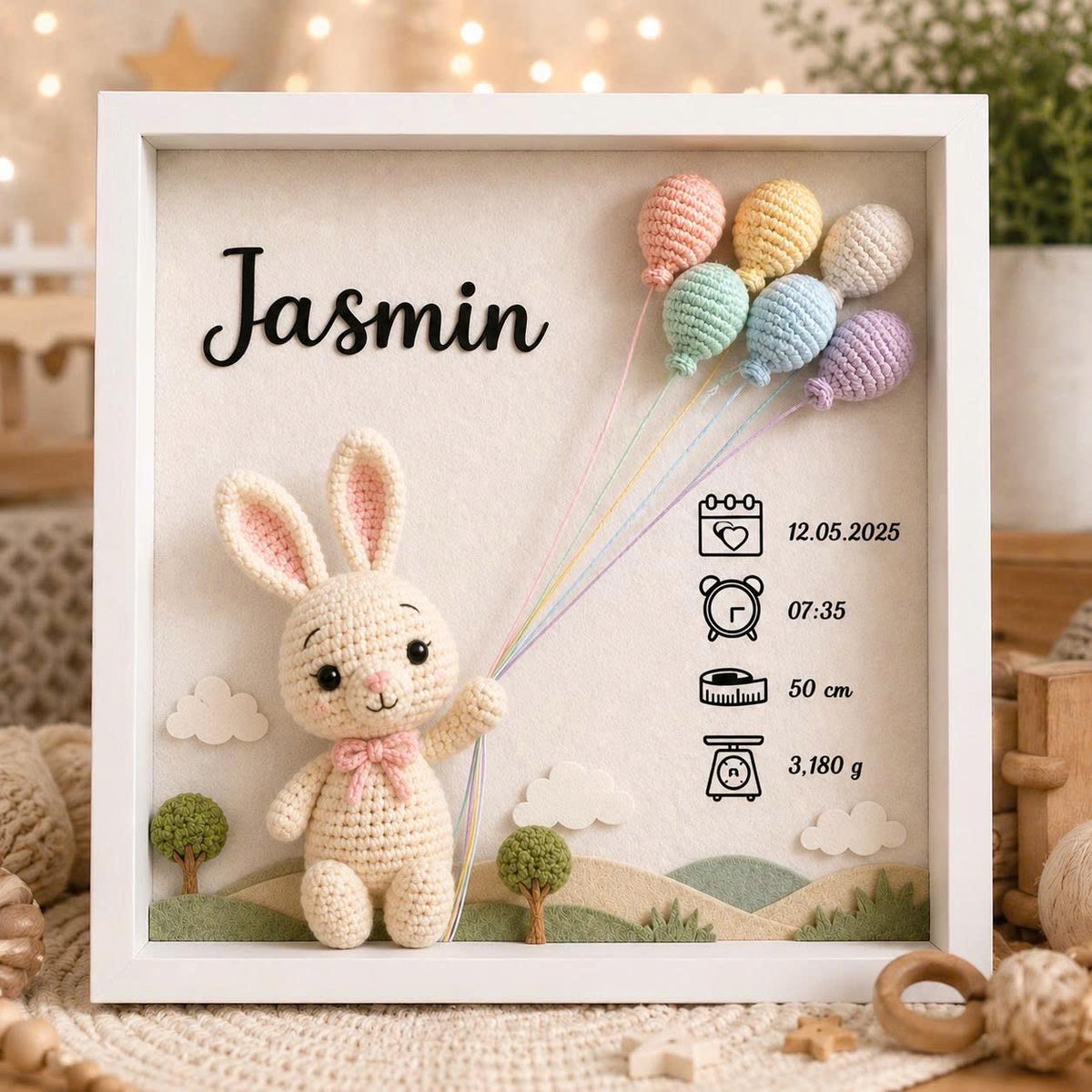 Custom Baby Birth Shadow Box Crochet Doll Personalized Newborn Gift Frame,bCustom Name/Text, BirthDay Gift, NewBorn Giftft, Nursery Decor