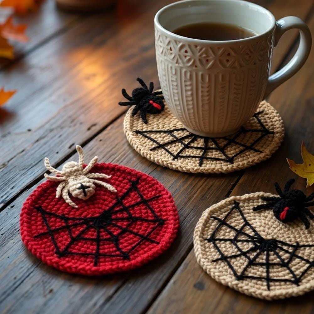 Halloween Spider Coaster Handmade, Crochet Spider Web Mug Rug, Handmade Gothic Coaster, Spooky Desk Decor, Halloween Coffee Table Accessory