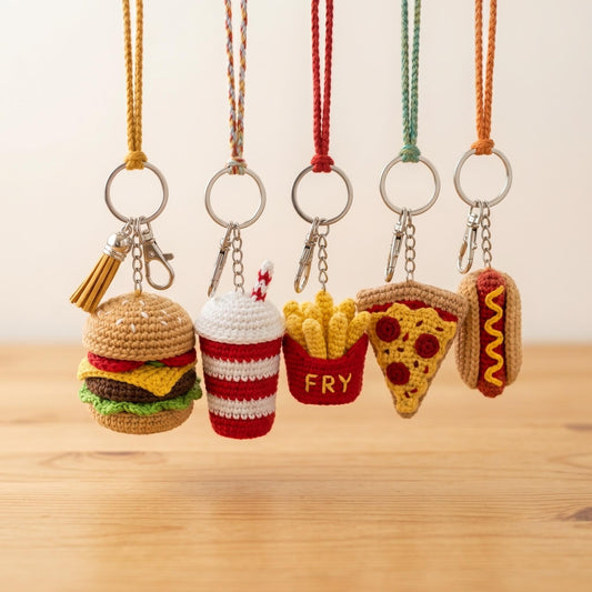 Crochet Fast Food Keychain, Hamburger Pizza Fries Hot Dog Bag Charm, Cute Kawaii Food Keychain, Backpack Charm, Handmade Gift