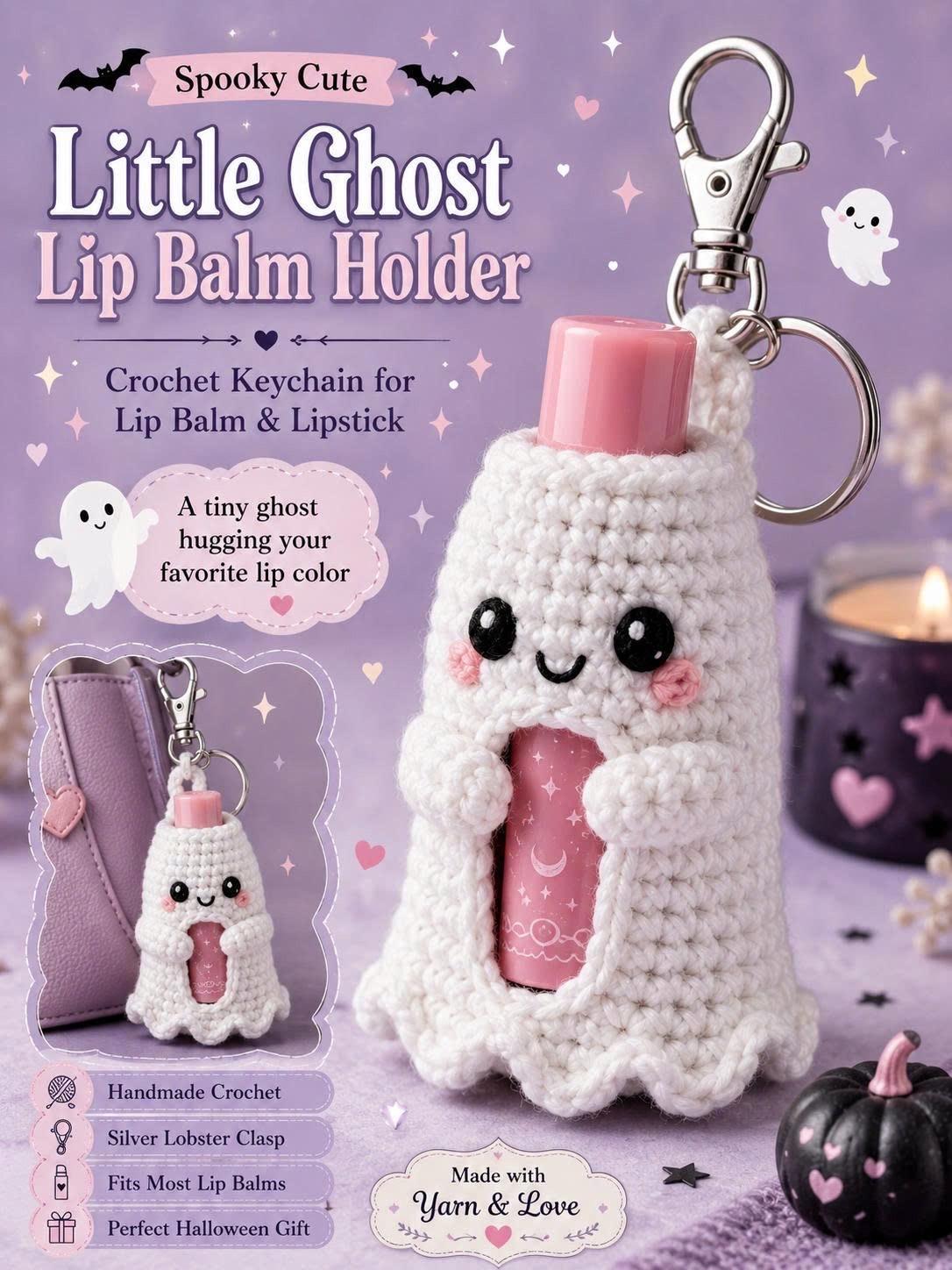 Ghost Lip Balm Holder, Crochet Chapstick Holder, Halloween Bag Charm, Cute Ghost Keychain, Spooky Cute Gift, Purse Accessory