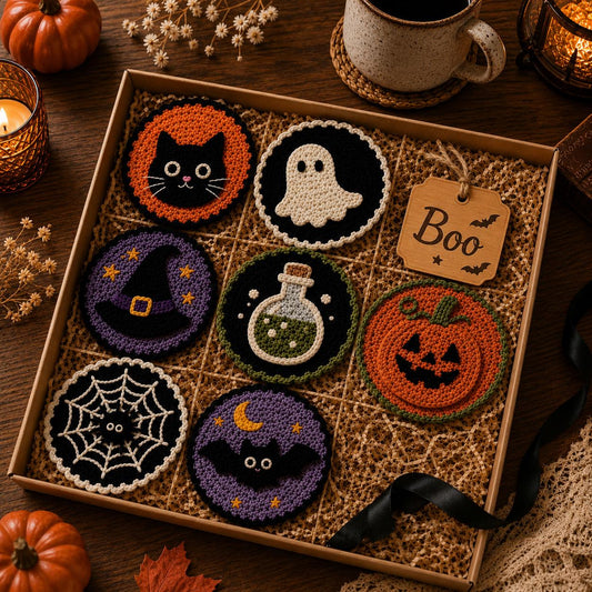 Halloween Crochet Coasters, Spooky Mug Rug Set, Cute Ghost Pumpkin Bat Decor, Witchy Fall Coffee Mat, Gothic Desk Decor, Black Cat Coaster