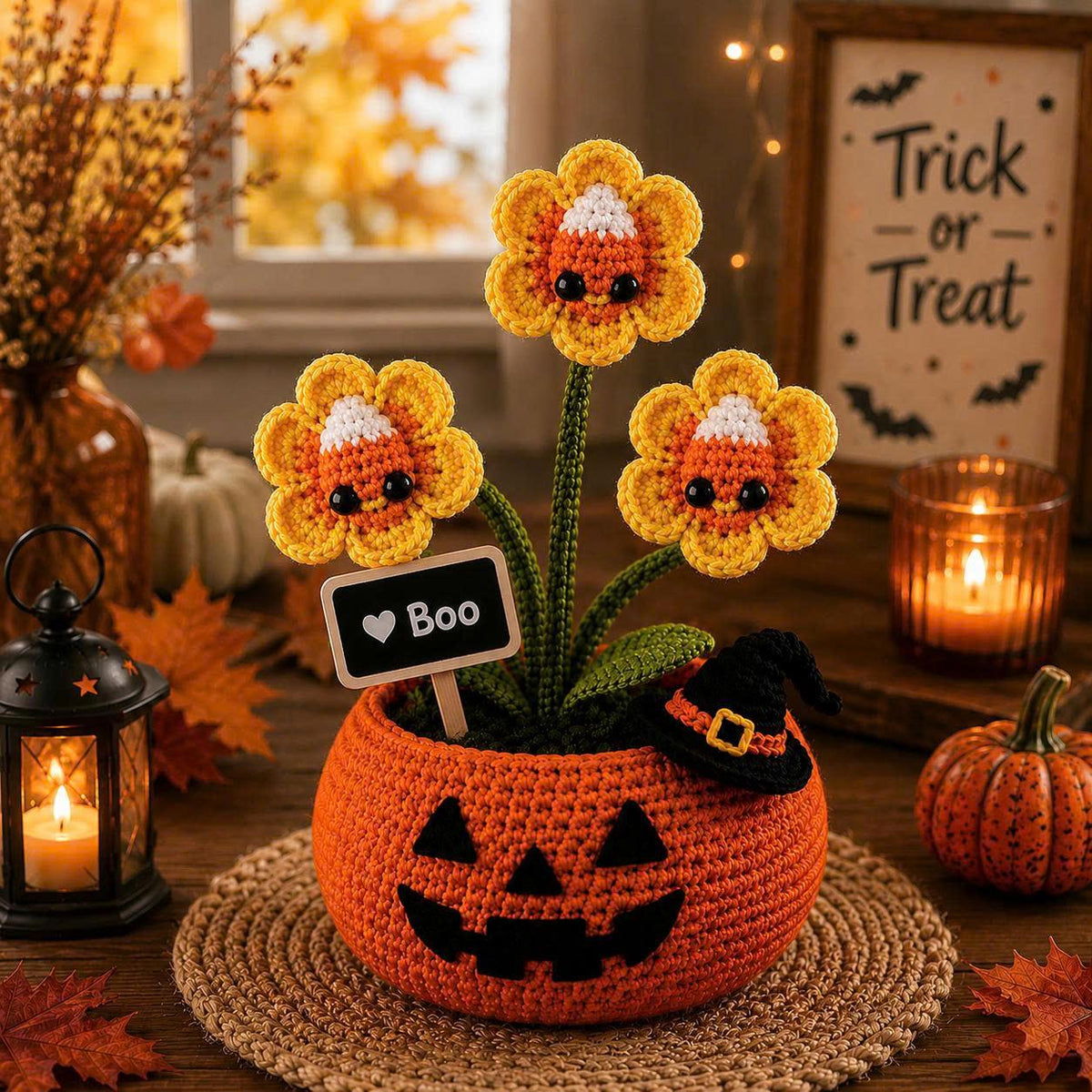 Halloween Crochet Plant, Pumpkin Pot Amigurumi, Spooky Desk Decor, Candy Corn Flower, Black Cat Decor, Eyeball Plant, Fall Office Gift