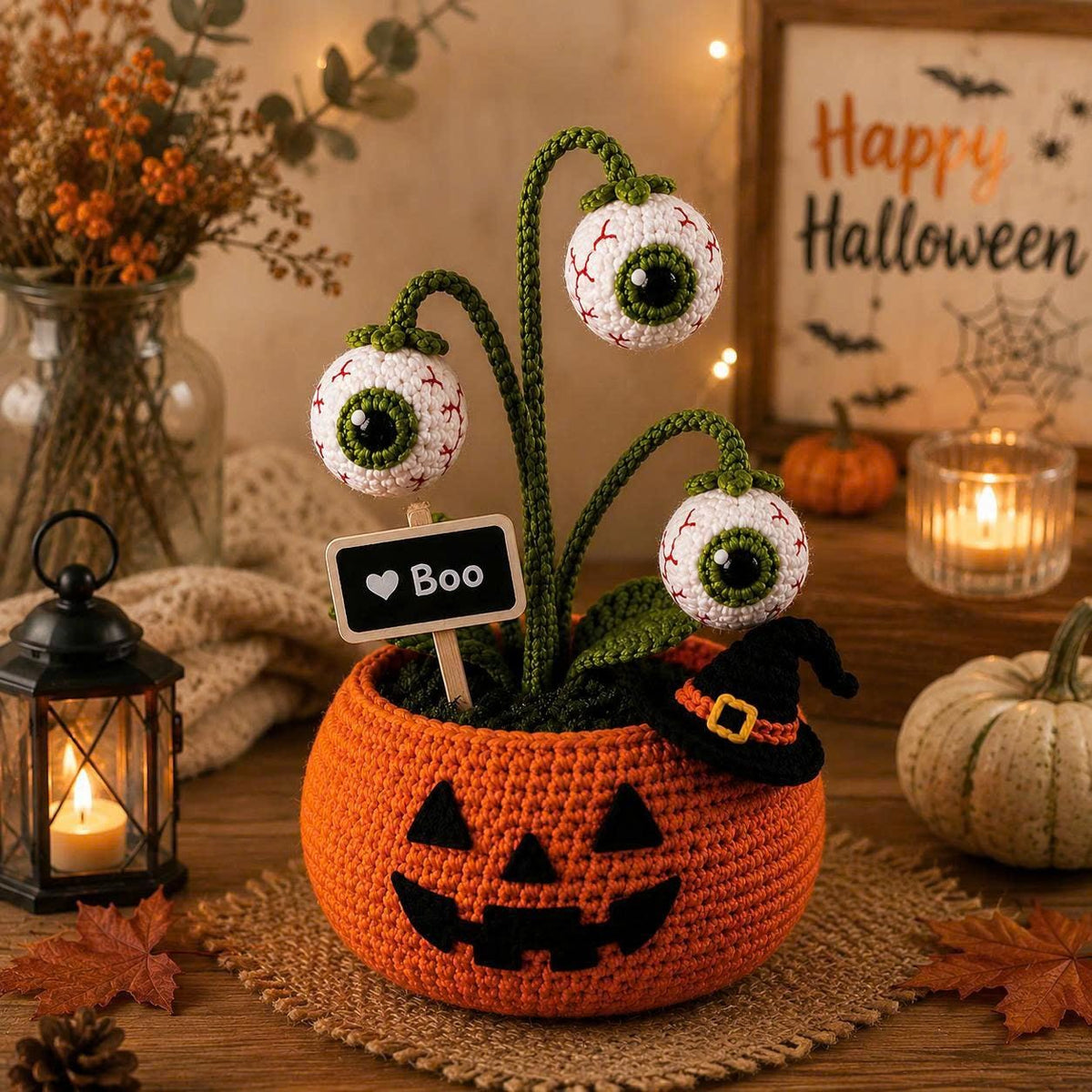 Halloween Crochet Plant, Pumpkin Pot Amigurumi, Spooky Desk Decor, Candy Corn Flower, Black Cat Decor, Eyeball Plant, Fall Office Gift