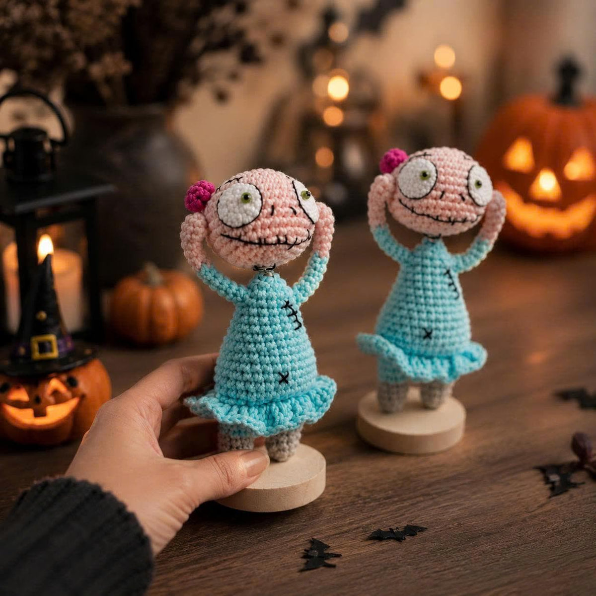 Spooky Stitched Doll Amigurumi, Creepy Cute Ragdoll Crochet, Gothic Halloween Decor, Zombie Girl Desk Accessory, Spooky Basket Stuffer