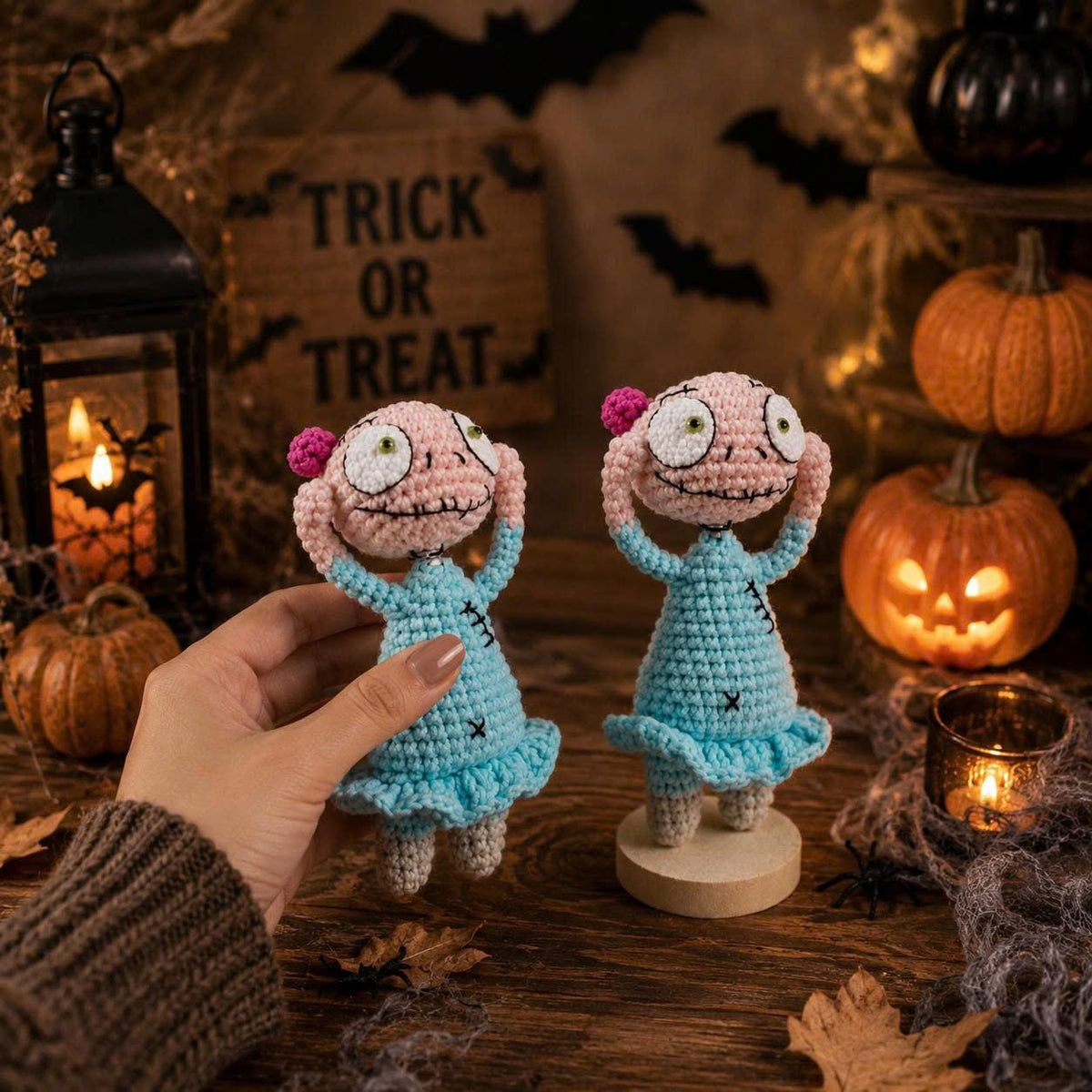 Spooky Stitched Doll Amigurumi, Creepy Cute Ragdoll Crochet, Gothic Halloween Decor, Zombie Girl Desk Accessory, Spooky Basket Stuffer