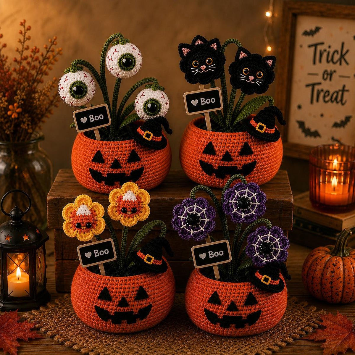 Halloween Crochet Plant, Pumpkin Pot Amigurumi, Spooky Desk Decor, Candy Corn Flower, Black Cat Decor, Eyeball Plant, Fall Office Gift