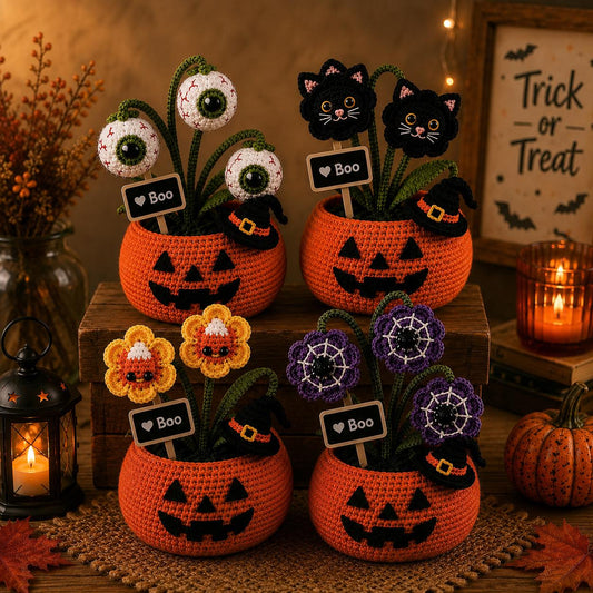 Halloween Crochet Plant, Pumpkin Pot Amigurumi, Spooky Desk Decor, Candy Corn Flower, Black Cat Decor, Eyeball Plant, Fall Office Gift