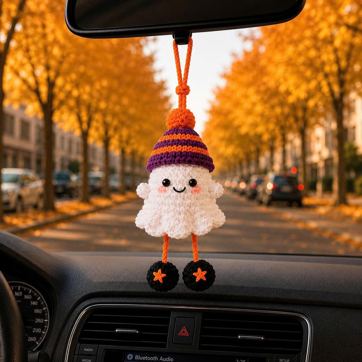 Handmade Crochet Ghost Car Charm, Handmade Halloween Mirror Accessory, Halloween Cute Gift, Cute Spooky Car Decor, Amigurumi Ghost Hanging