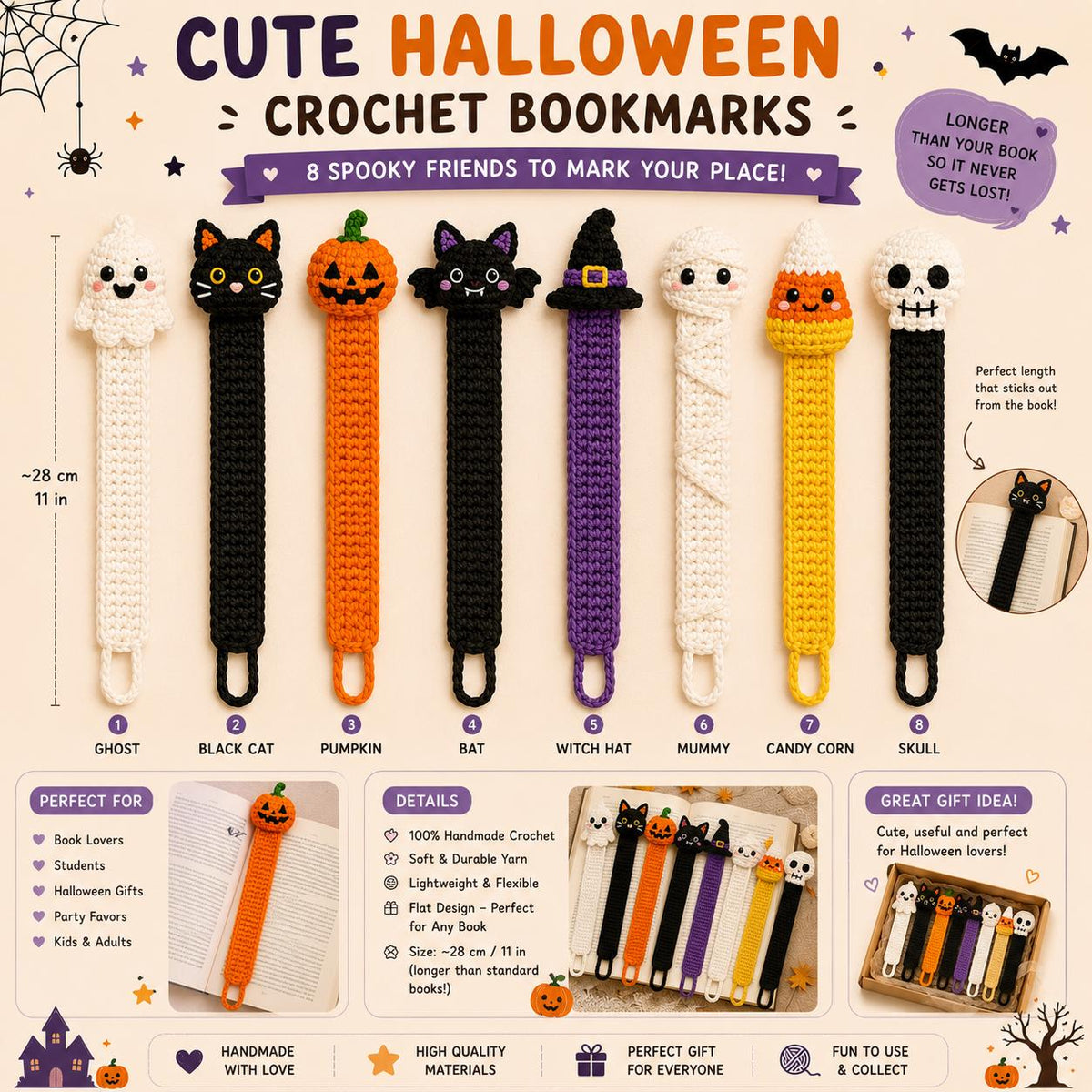 Crochet Halloween Bookmark, Spooky Book Lover Gift, Ghost Witch Bookmark, Back to School Gift, Gothic Book Accessory, Halloween Gift