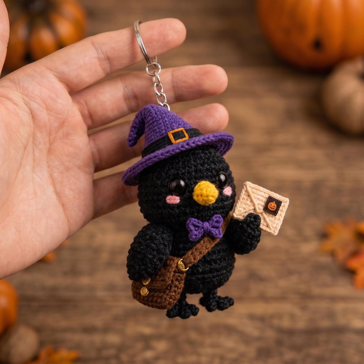 Crochet Crow Mail Carrier, Halloween Crow Plush, Raven Keychain, Spooky Bird Decor, Gothic Halloween Gift, Bag Charm