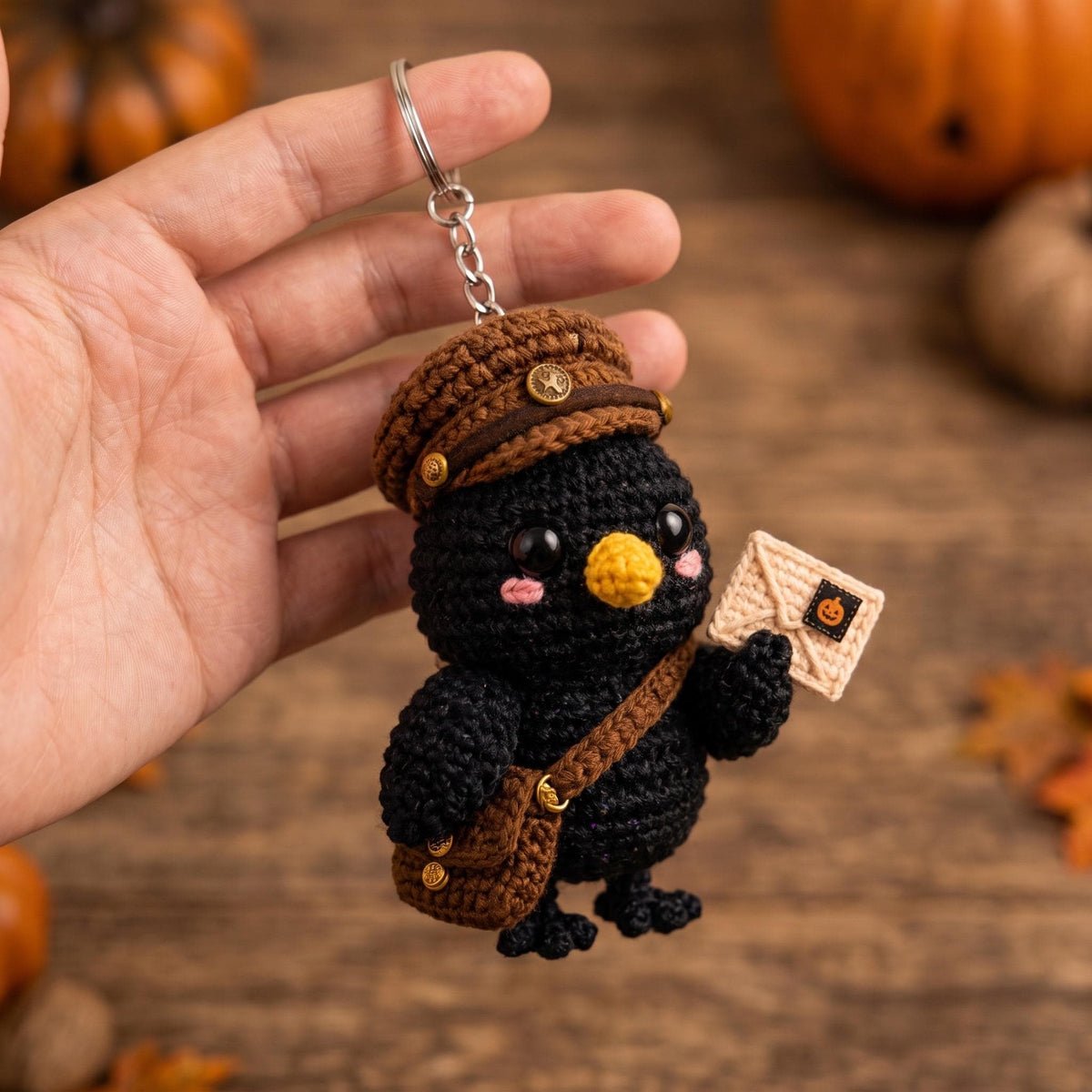 Crochet Crow Mail Carrier, Halloween Crow Plush, Raven Keychain, Spooky Bird Decor, Gothic Halloween Gift, Bag Charm