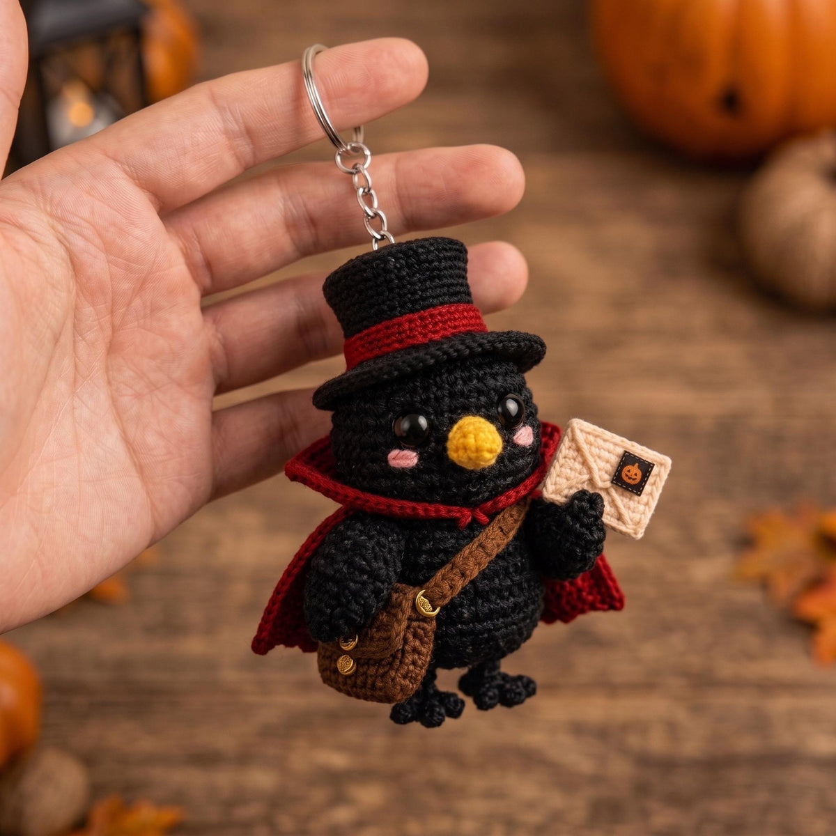 Crochet Crow Mail Carrier, Halloween Crow Plush, Raven Keychain, Spooky Bird Decor, Gothic Halloween Gift, Bag Charm