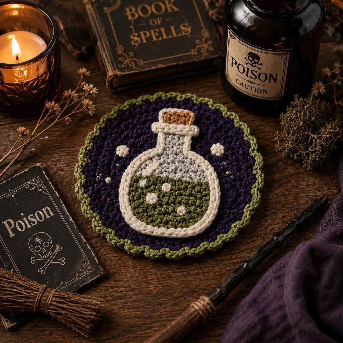 Halloween Crochet Coasters, Spooky Mug Rug Set, Cute Ghost Pumpkin Bat Decor, Witchy Fall Coffee Mat, Gothic Desk Decor, Black Cat Coaster