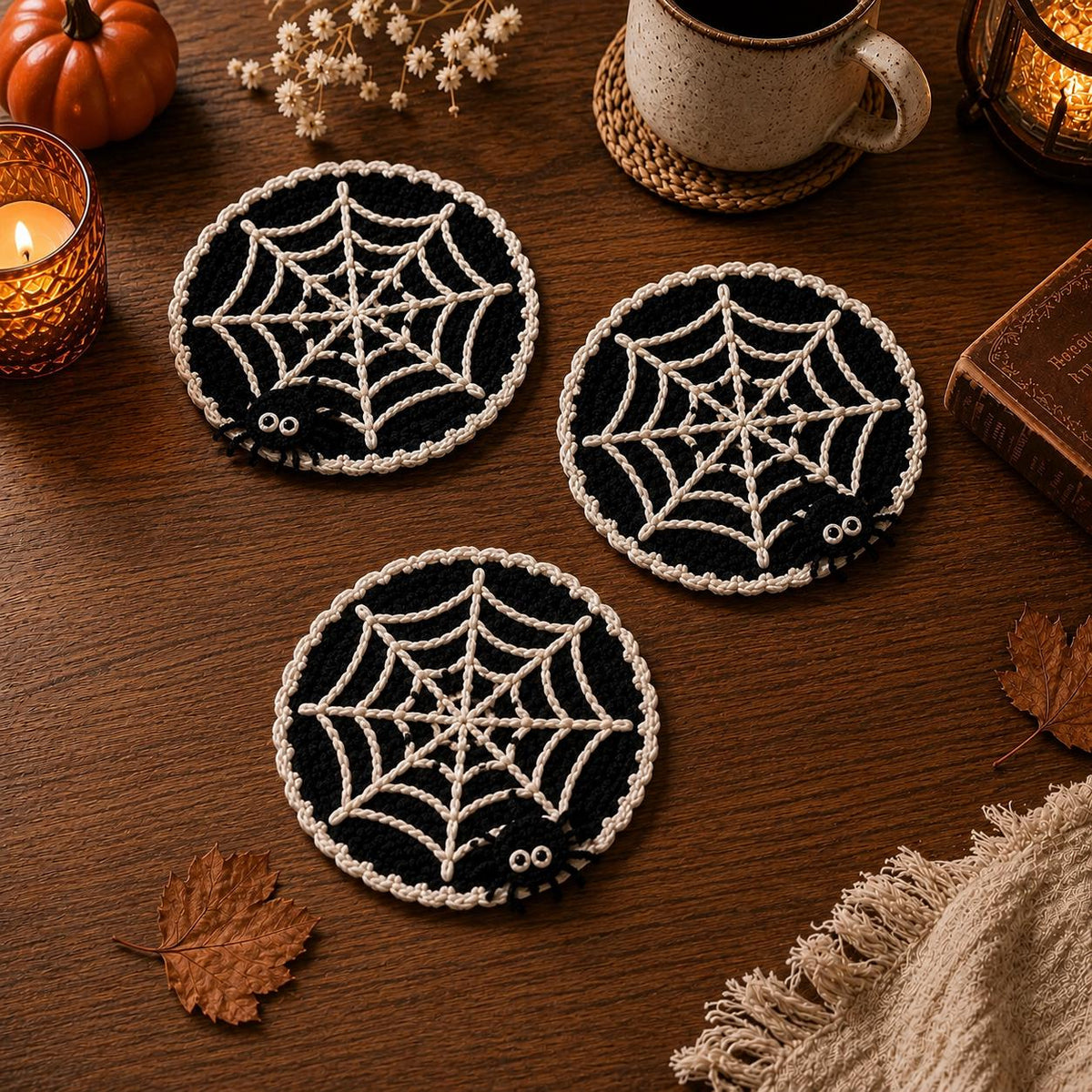 Halloween Crochet Coasters, Spooky Mug Rug Set, Cute Ghost Pumpkin Bat Decor, Witchy Fall Coffee Mat, Gothic Desk Decor, Black Cat Coaster