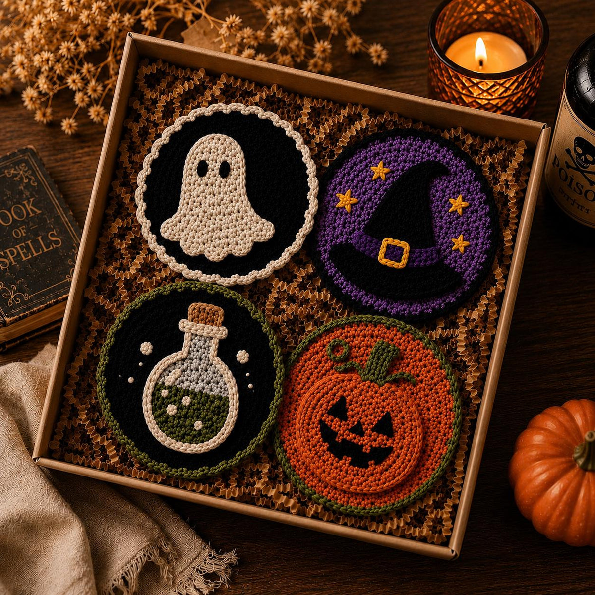 Halloween Crochet Coasters, Spooky Mug Rug Set, Cute Ghost Pumpkin Bat Decor, Witchy Fall Coffee Mat, Gothic Desk Decor, Black Cat Coaster